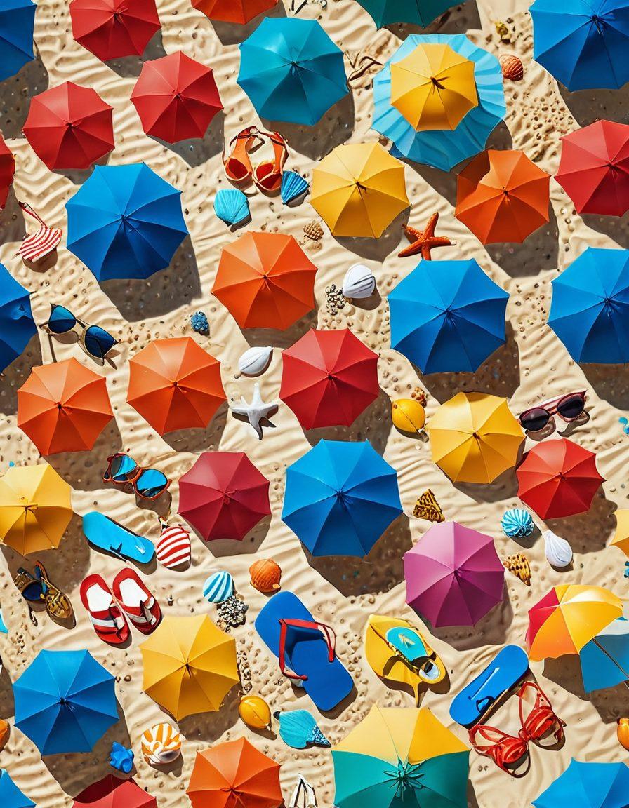 A vibrant beach scene showcasing a variety of sexy thongs and bikinis on a sandy shore, with colorful beach umbrellas and sunbathers enjoying the sun. The image should capture the essence of summer with bright blue skies and crystal-clear water, while highlighting trendy swimwear styles in bold patterns and colors. Add playful beach elements like a beach ball and seashells, creating a fun and lively atmosphere. super-realistic. vibrant colors. summer vibes.