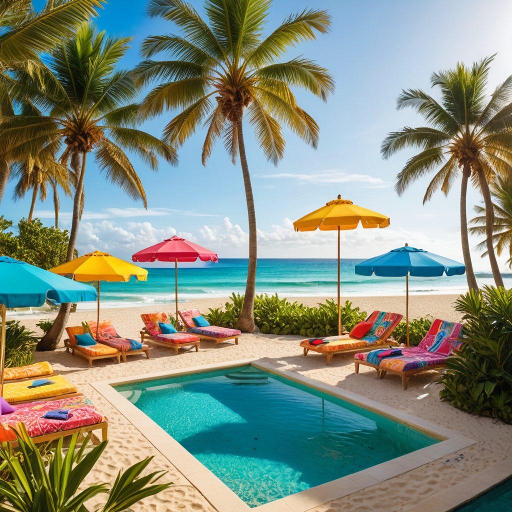 A vibrant, sun-soaked scene showcasing diverse swimwear trends on a tropical beach and a luxurious poolside. Incorporate stylish swimsuits in bright colors and patterns worn by people of different body types engaging in fun activities, like lounging, playing beach volleyball, and diving into the pool. Add palm trees, colorful beach umbrellas, and sparkling water in the background to create a lively atmosphere. Include a clear blue sky and a hint of golden sand for a refreshing summer vibe. super-realistic. vibrant colors. tropical theme.